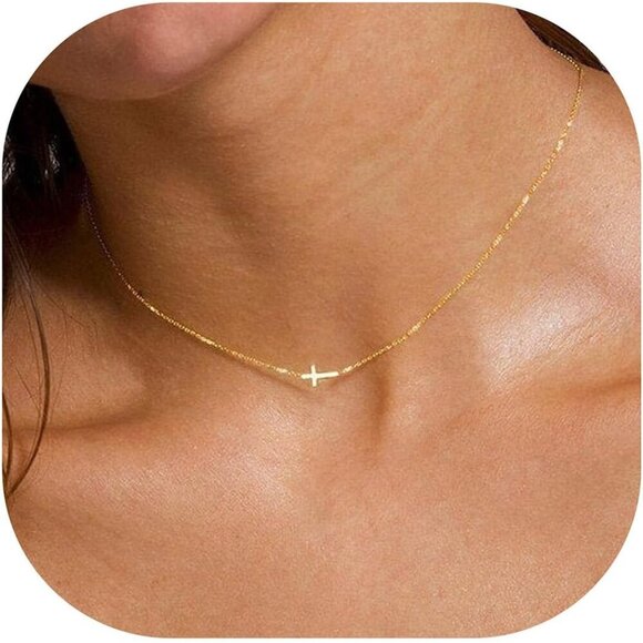 Jewelry - Trendy Gold Cross Necklace for Women - Hypoallergenic Sideway Choker Style